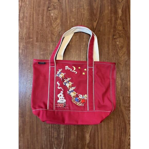 Lands End Open Top Christmas Canvas Tote Embroidered Santa and Reindeer Holiday - Picture 1 of 5
